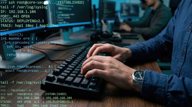 Cybersecurity Expert Typing Code on Keyboard with Digital Terminal Overlay in Modern Office Environment