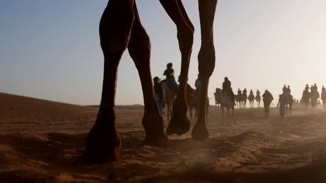 Camel caravan with bedouin people walking across the sahara desert at sunset, showing silhouetted legs kicking up sand in slow motion, representing a traditional journey