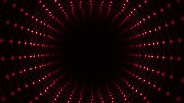 Animated red color glowing low poly connecting dots hi tech 3d tunnel seamless design dark technology background