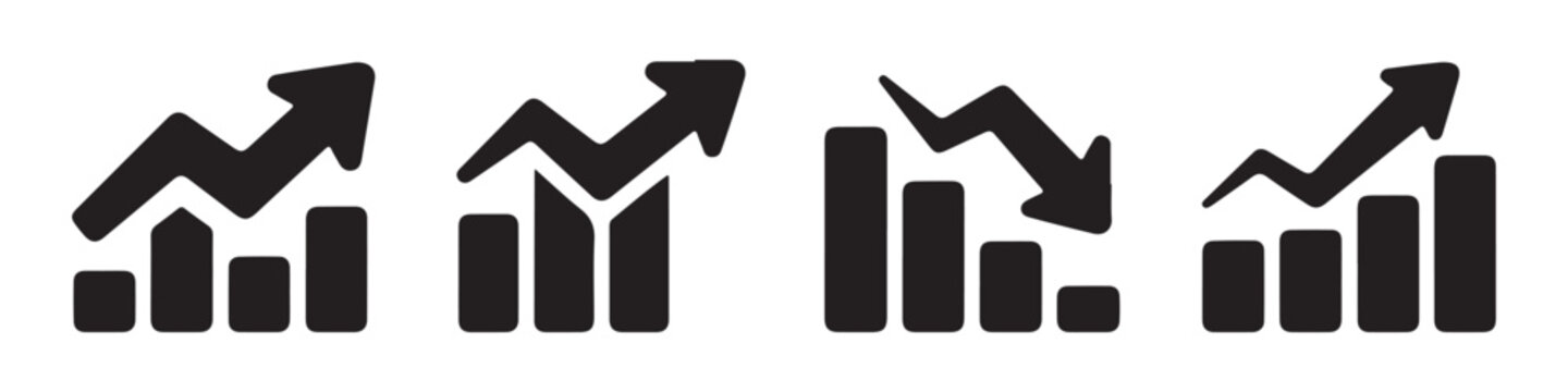 Business growth chart vector icons set with rising and falling black trends for financial reporting.