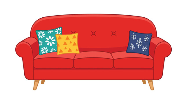 Red sofa with patterned cushions and wooden legs vector illustration