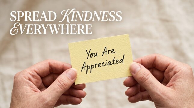 Two hands holding a small yellow note with the handwritten black ink text you are appreciated against a soft beige wrinkled fabric background with white typography reading spread kindness everywhere