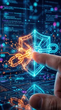 Fingertips touching glowing broken chain and digital security shield in cyberspace. Cybersecurity breach and network vulnerability exploit illustration. Information technology data protection concept.