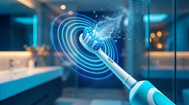 Electric Toothbrush with Blue Sonic Vibration Waves and Water Splash in Modern Bathroom, Oral Care, Dental Hygiene, Teeth Cleaning, Healthy Smile, Advanced Dental Technology