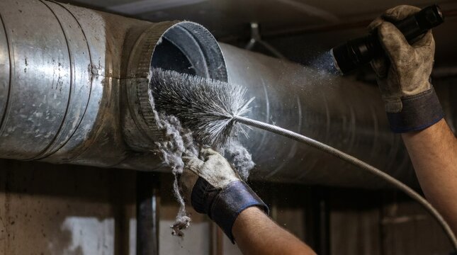 Professional cleaning of a dirty dryer vent, removing lint and dust with a brush, illuminated by a flashlight.