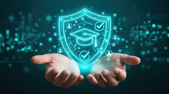 Glowing digital education shield above open hands symbolizing secure online learning and student data protection.