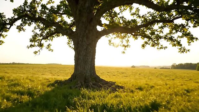Majestic Oak Tree Slowly Rotating in a Golden Field at Sunset, Showcasing a Tranquil, Cinematic Landscape. with Golden Hour