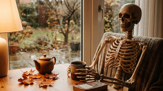 Skeleton sitting by window with cup of tea and book on rainy autumn day