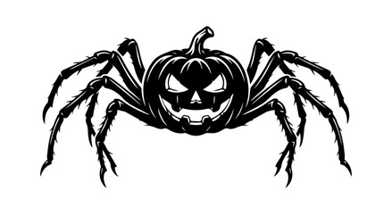 A spooky halloween spider illustration featuring a creatively carved pumpkin for a head and eight long spindly legs A spooky black and white illustration depicts a spider with a carved pumpkin for a b © MstAsia