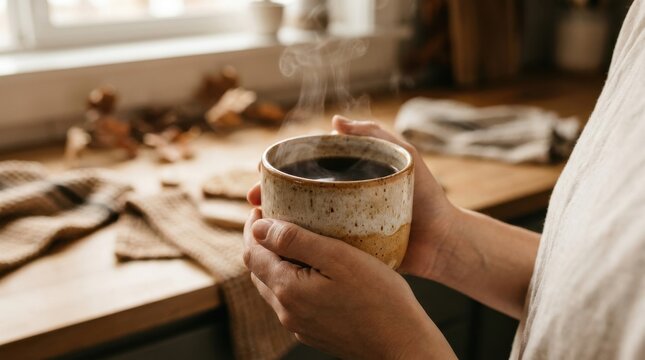 Slow Living: Hands holding a warm ceramic coffee mug with gentle steam rising in a cozy autumn kitchen