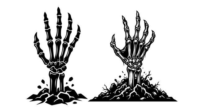 Two monochrome illustrations depict skeletal hands rising dramatically from mounds of earth and soil textures
This image features two stark black and white illustrations of skeletal hands rising from 