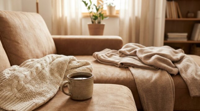 Weekend Relaxation: Comfortable loungewear and a warm coffee mug arranged beside a plush blanket on a cozy sofa