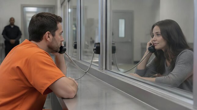 Man in orange prison uniform talking on phone behind glass partition