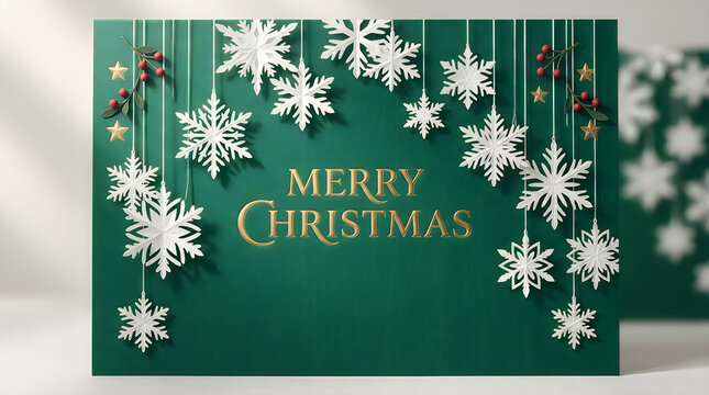 Hanging paper snowflakes with golden merry christmas text