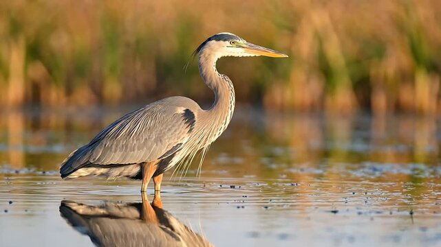 Great Blue Heron Standing in Marshland Water, Slowly Panning Right to Reveal a Tranquil Wetland Scene. Gentle Camera Movement, Serene Nature.