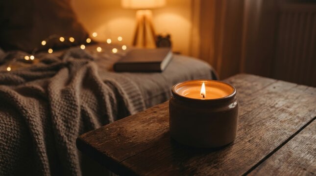 Evening Relaxation: Scented candle burning gently on a rustic wooden coffee table during a quiet evening at home