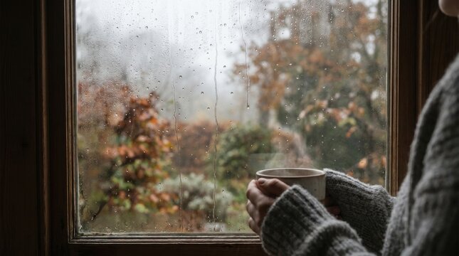 Rainy Day Comfort: Delicate raindrops collecting on a window while someone quietly watches the rainfall from indoors