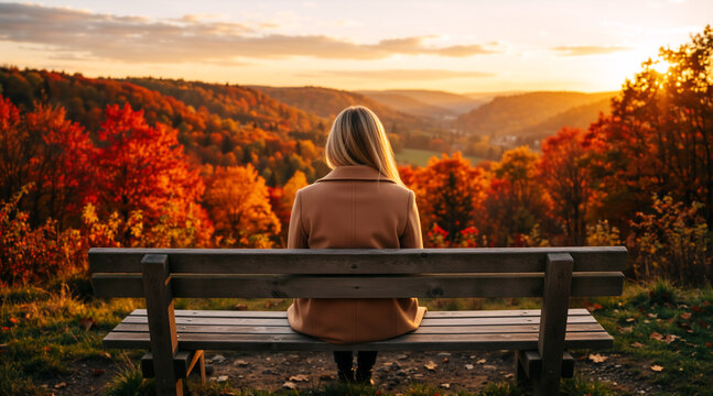 Back view of woman sitting on wooden bench looking at autumn valley at sunset. Female traveler enjoying scenic view of colorful fall forest