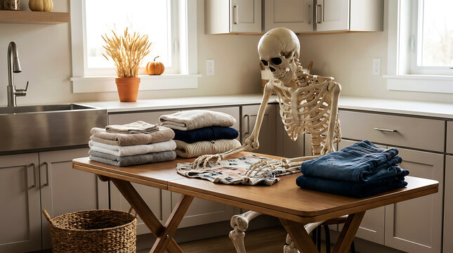 Skeleton folding laundry and clothes at table in clean modern kitchen laundry area