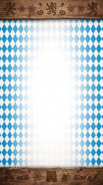 Traditional Bavarian blue and white diamond pattern background with carved wooden borders for Oktoberfest