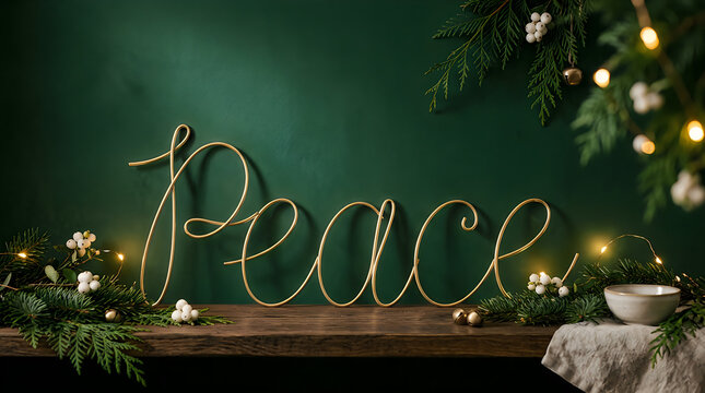 Festive christmas peace sign with holiday decorations and lighting