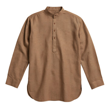 Brown linen kurta shirt with mandarin collar and button placket isolated on transparent background