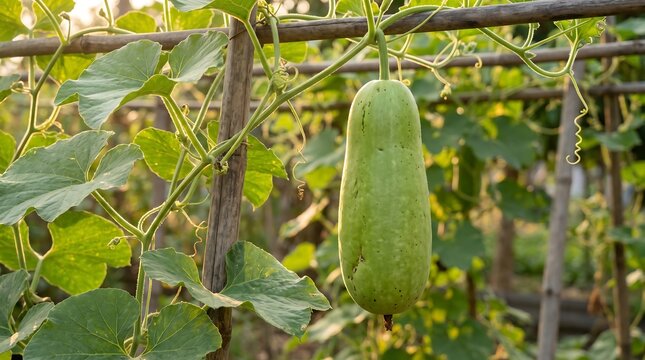 Bottle gourd vegetable hanging on a wooden trellis in a lush organic garden, natural sunlight, outdoor farm photography