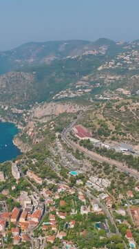 Aerial view of Monaco cityscape and Port Hercules. Vertical video