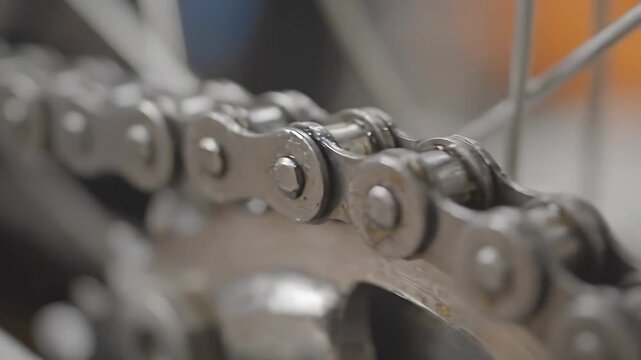 Bicycle Chain Rotating Smoothly in Close-Up 4k Footage, Showcasing Intricate Mechanical Details and a Seamless Looping Motion.