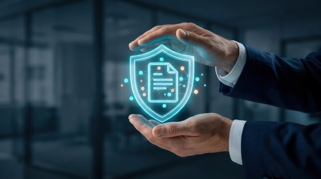 Businessman hands protecting a glowing digital shield with a document icon symbolizing insurance and data security. Modern technology concept ensuring contract protection in a corporate office.