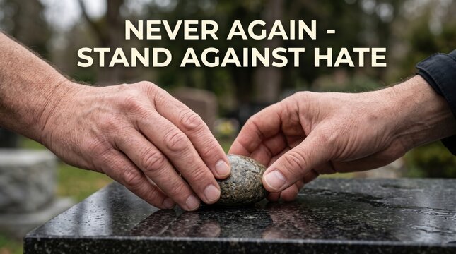 Two hands placing a small grey stone on a polished black granite surface in a cemetery setting with the text never again stand against overlaid in white letters