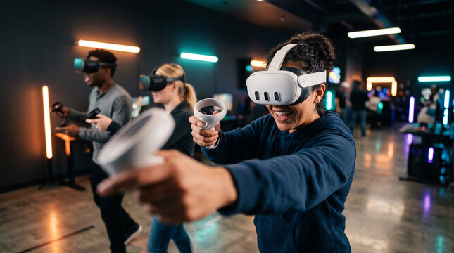 Diverse group of young adults playing virtual reality games together in a modern gaming lounge, VR headsets and wireless controllers used during an energetic multiplayer experience, virtual reality, i