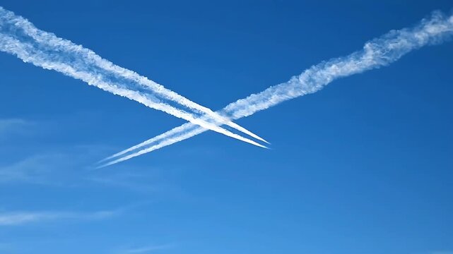 Airplane Contrails Forming an Arrow Shape in a Clear Blue Sky, Gradually Dissolving Over Time. Aerial Motion Graphics Footage.