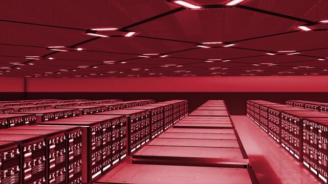 Animated red color glowing data transfer and store with server racks traffic on servers managing and processing data hi tech design black 3d technology background	