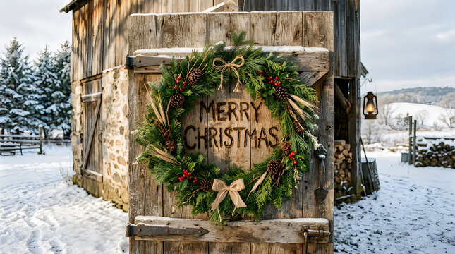 Rustic wooden wall with christmas wreath in winter landscape