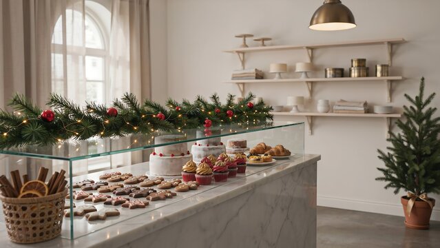 Festive christmas bakery display filled with holiday cookies cakes and cupcakes