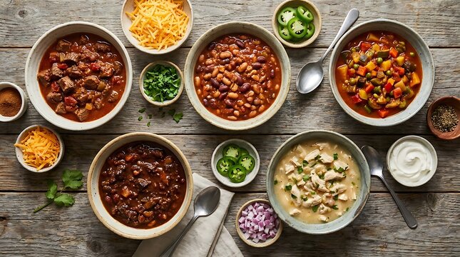 Various bowls of chili and soup served on a rustic wooden table with fresh toppings and ingredients. chili cookoff