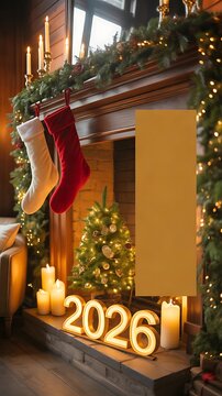 Festive christmas fireplace interior with hanging stockings and glowing year 2026 sign with copy space