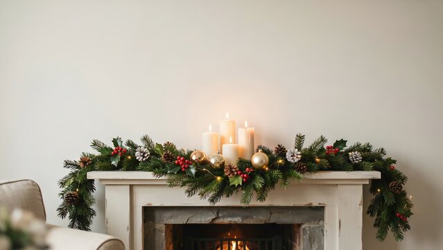 Festive christmas garland with glowing candles and golden baubles on a white fireplace mantel