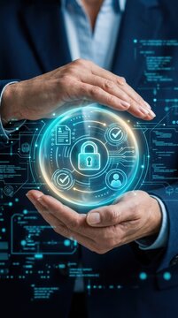 A business professional cup hands protecting a glowing digital security sphere with a padlock icon. Data privacy and cybersecurity concept showcasing information protection and secure network access.