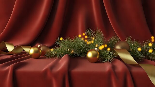 Festive christmas holiday background with golden baubles pine branches and decorative ribbon on red velvet fabric