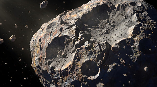 A detailed close-up view of a rocky astroid belt in deep space with craters, space dust, and floating debris