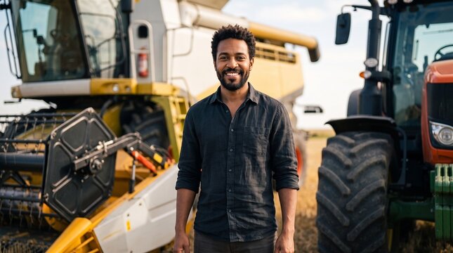 Smiling Black farmer standing near yellow combine harvester and tractor for agricultural loan approval and commercial agribusiness harvest machinery investment corporate campaign.