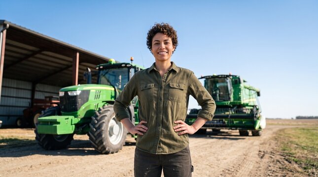 Proud female farmer standing in front of tractor representing agribusiness loans agricultural machinery financing farm ownership business credit small business funding and rural economic growth.