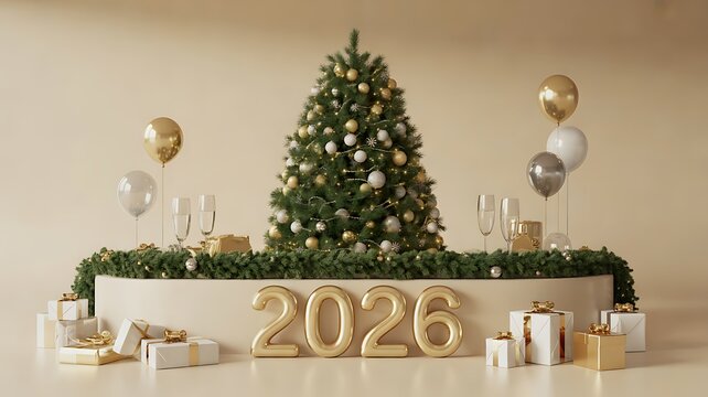 Festive christmas tree with golden 2026 numbers and gift boxes for new year celebration