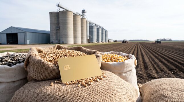 Gold credit card resting on sacks of wheat and corn grains with farm silos background representing agricultural loans, agribusiness financing, crop insurance, and rural bank credit.