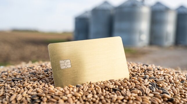 Gold credit card in raw wheat grains with grain silos background symbolizing agricultural loans, agribusiness finance, crop investment, farming trade, and agritech banking payments.