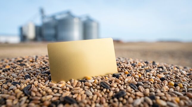 Blank gold credit card mockup in grain seeds pile before silo elevator representing agribusiness banking crop loan financing farm credit line agricultural subsidies and rural investment concept.