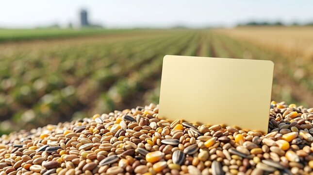 Gold plastic credit card template in raw grain pile on farm field background representing agricultural banking land loans crop financing agribusiness investment and rural commercial credit line.
