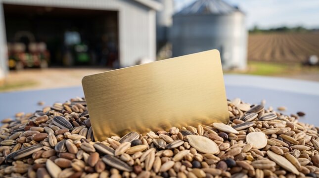 Gold metallic business card mockup surrounded by organic seeds and grains representing agribusiness financing farm credit line agricultural loans rural bank investment and crop insurance concept.